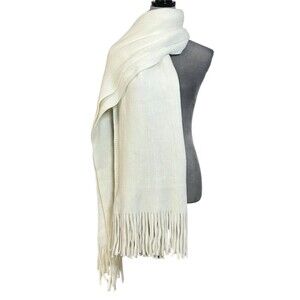 Steve Madden Shawl Wrap Scarf OS Ivory Rectangle Fringe Long Comfy Cozy Winter